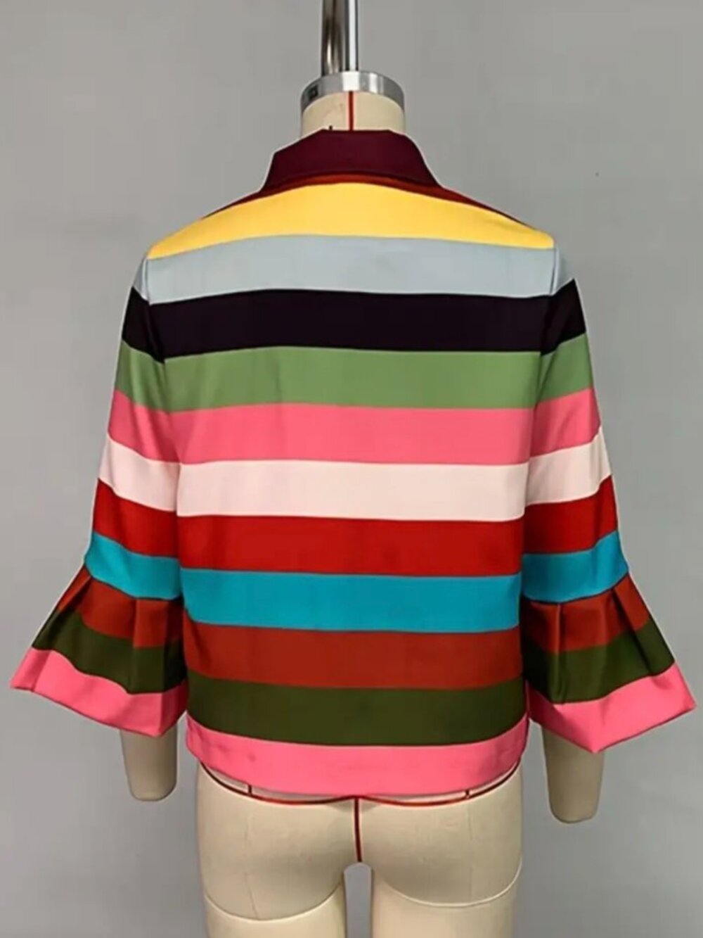 Female Vintage Multi-Colored Striped Lapel Elegant Jackets New Flared Sleeves - Picture 6 of 9